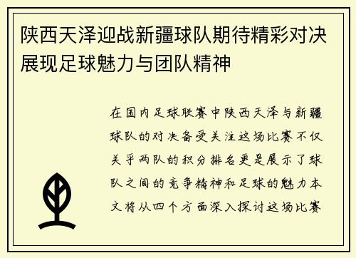 陕西天泽迎战新疆球队期待精彩对决展现足球魅力与团队精神