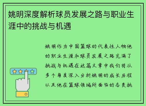 姚明深度解析球员发展之路与职业生涯中的挑战与机遇